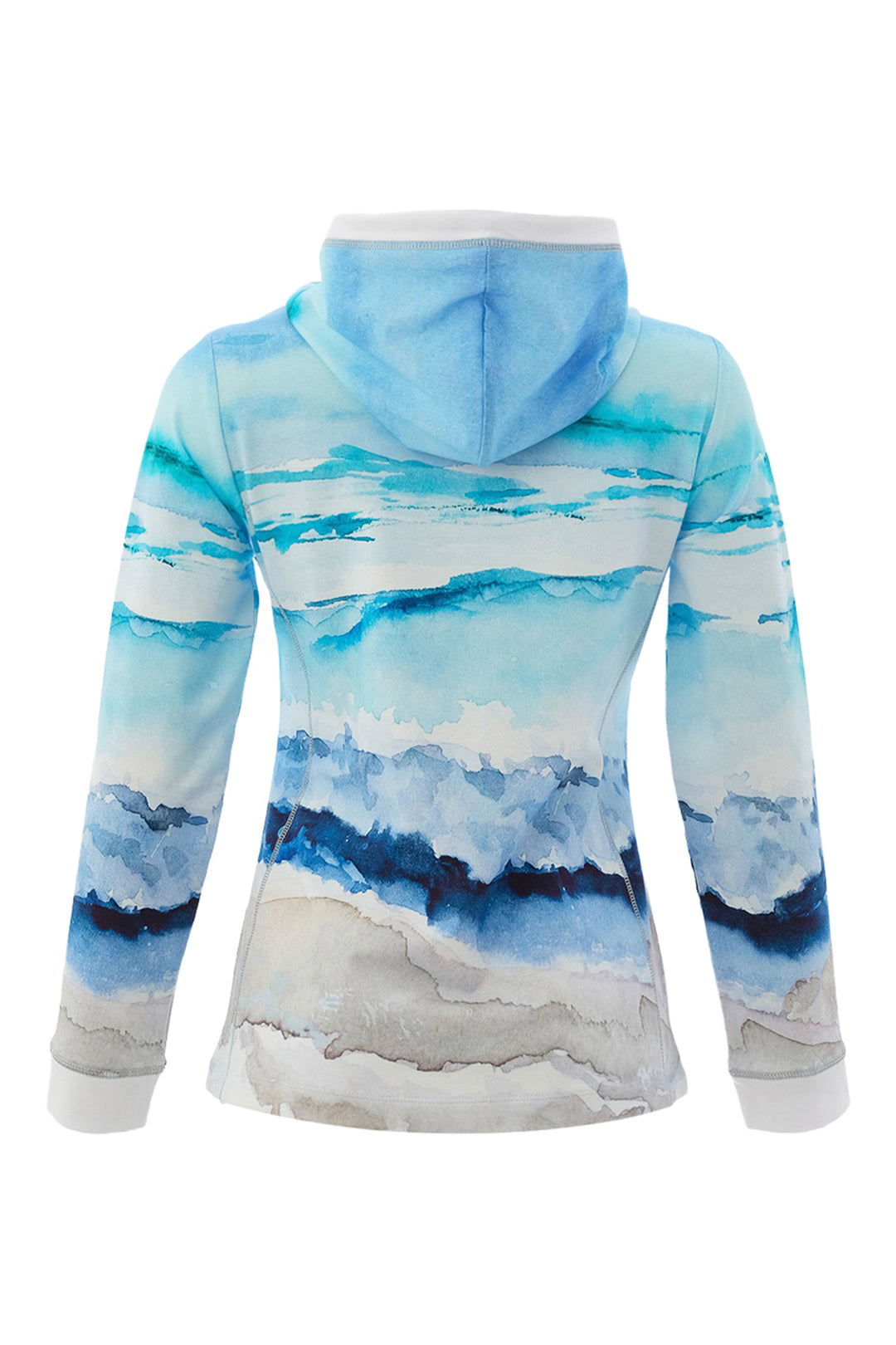 Hoodie with blue and white abstract pattern on a white background
