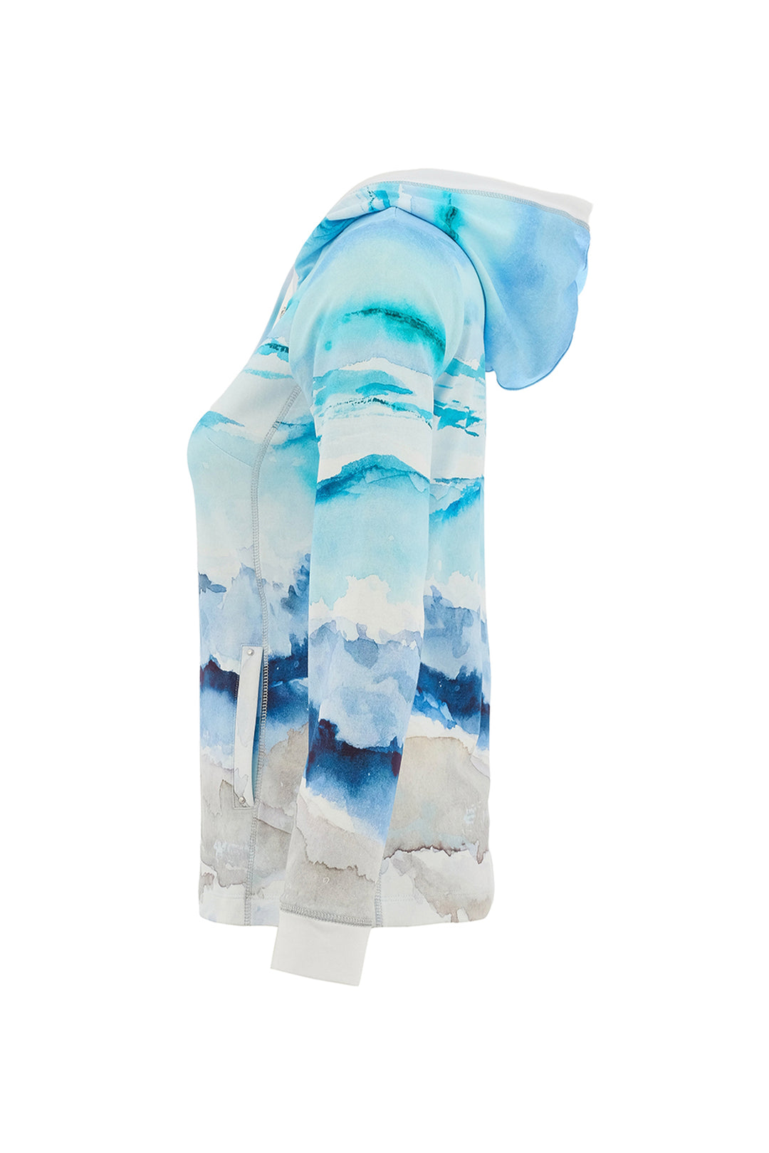 Blue and white patterned hoodie on a white background