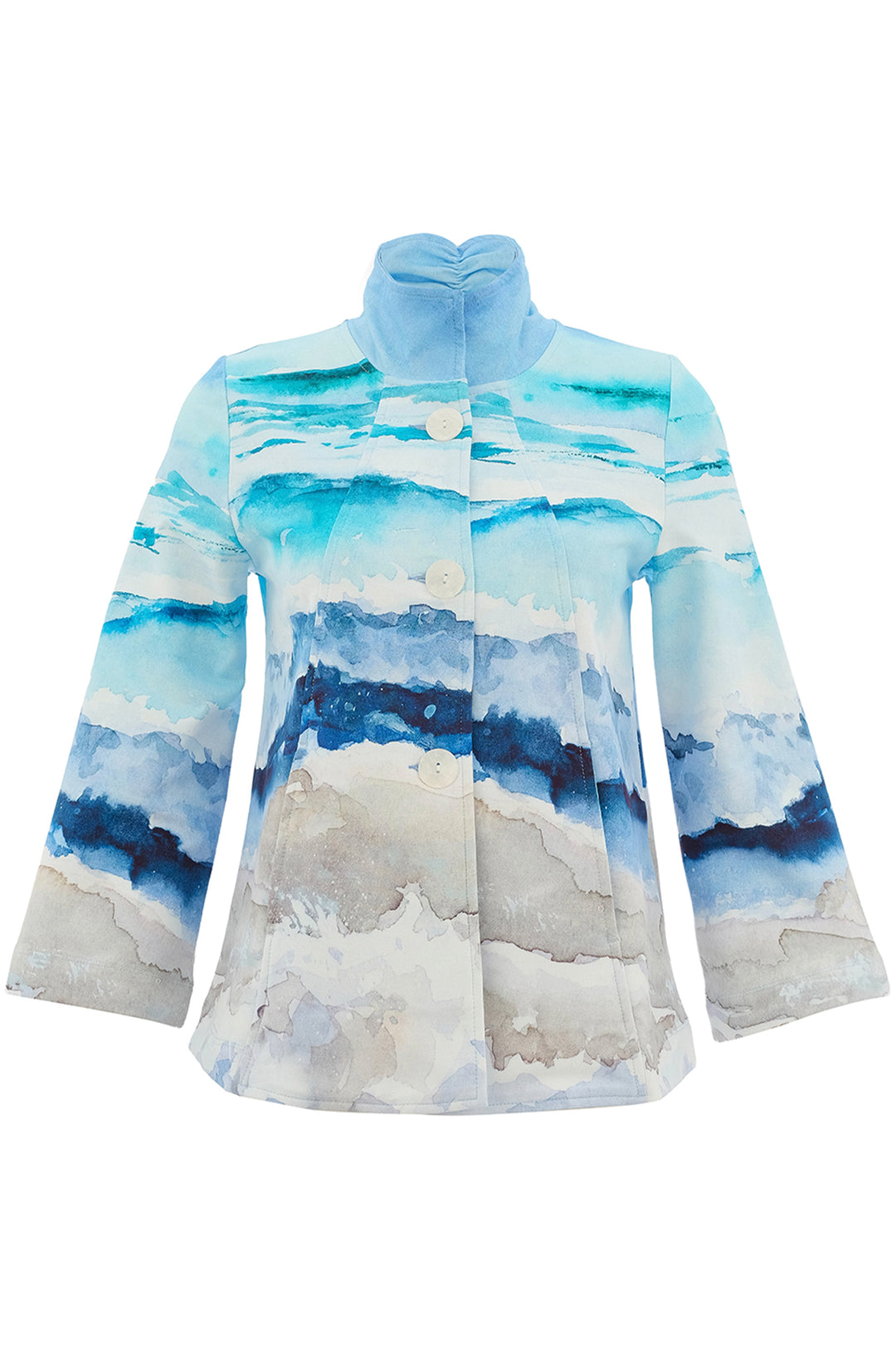 Light blue and white patterned jacket on a white background