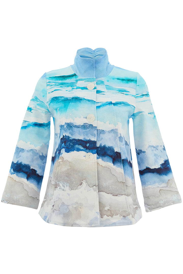 Light blue and white patterned jacket on a white background