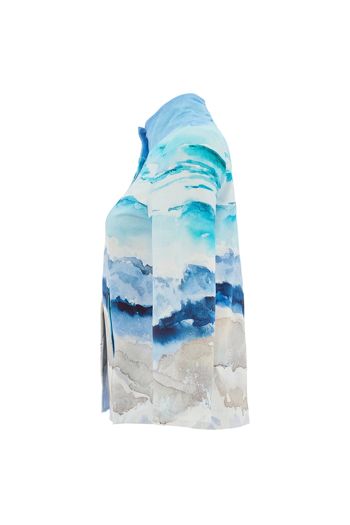 Hoodie with a blue and white abstract pattern on a white background