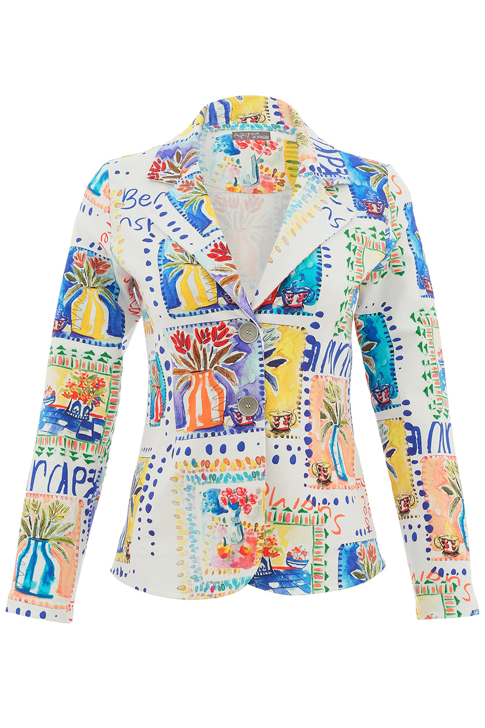 Colorful patterned blazer on a white background