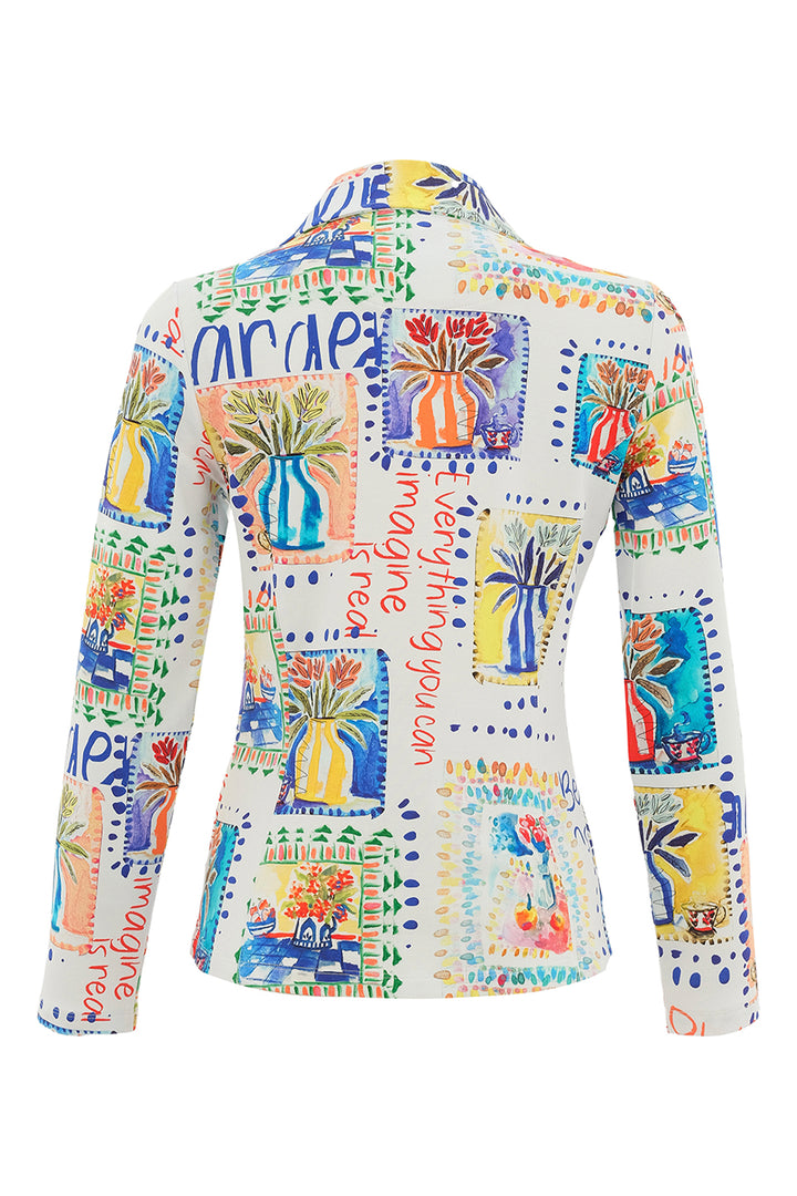 Colorful patterned jacket with text and images on a white background