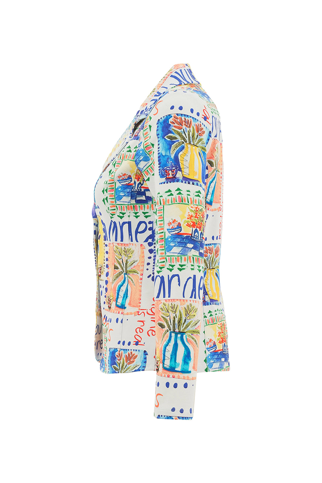 Colorful patterned shirt with abstract designs on a white background