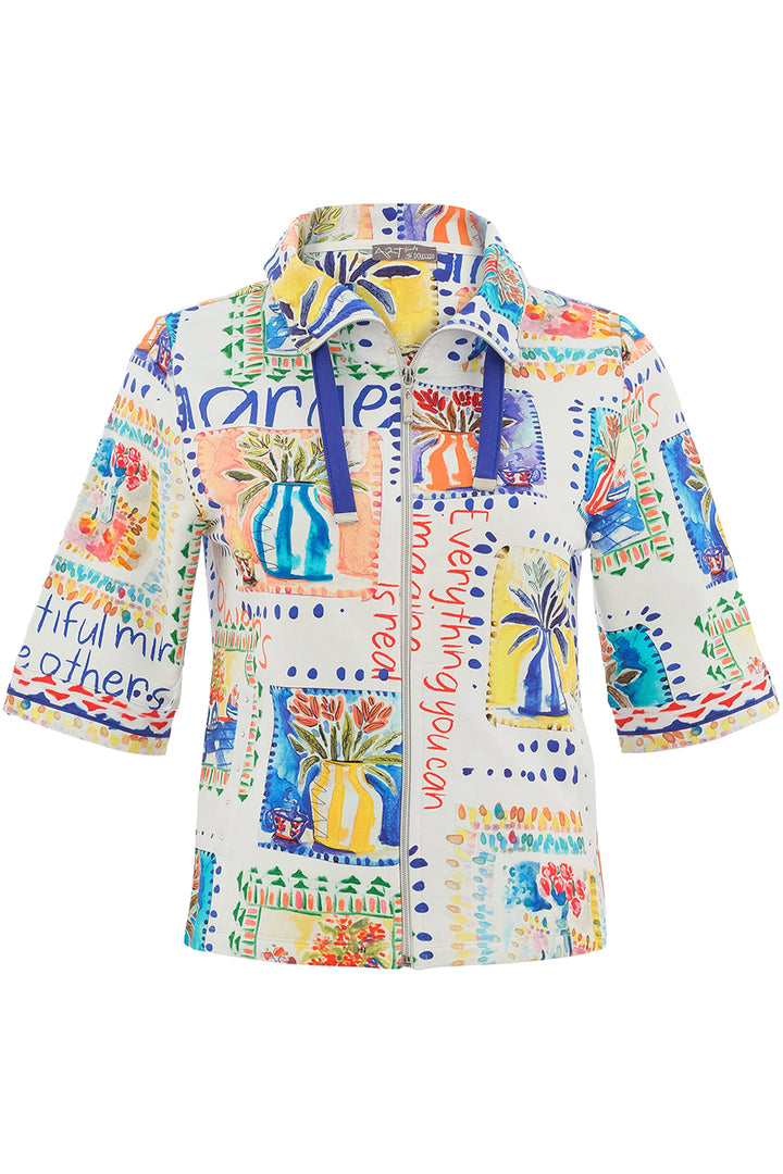 Colorful jacket with floral and abstract patterns on a white background