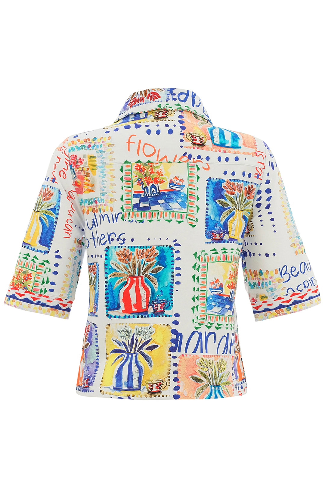 Colorful patterned shirt with floral and abstract designs on a white background