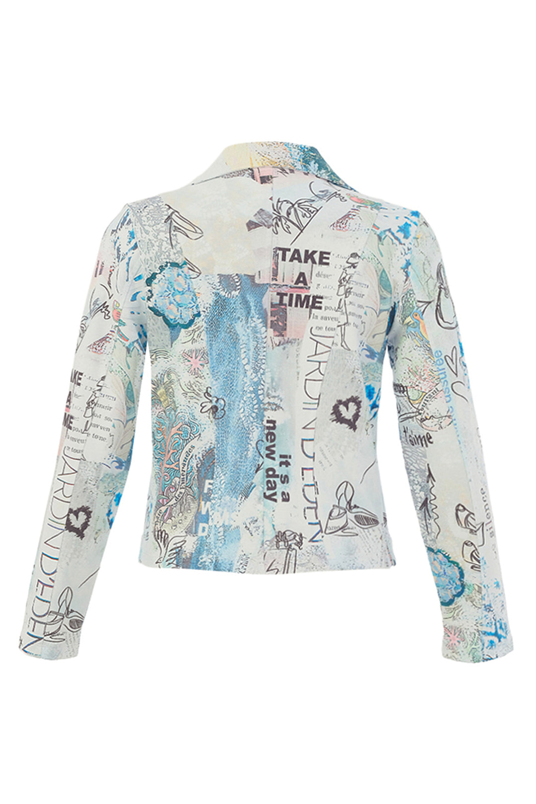 Long-sleeve shirt with artistic design and text on a white background