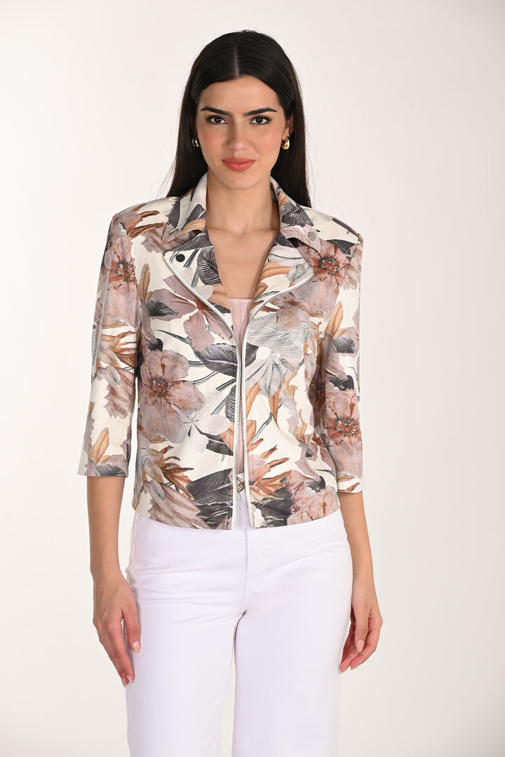 Woman wearing a floral light zipper jacket with a white background