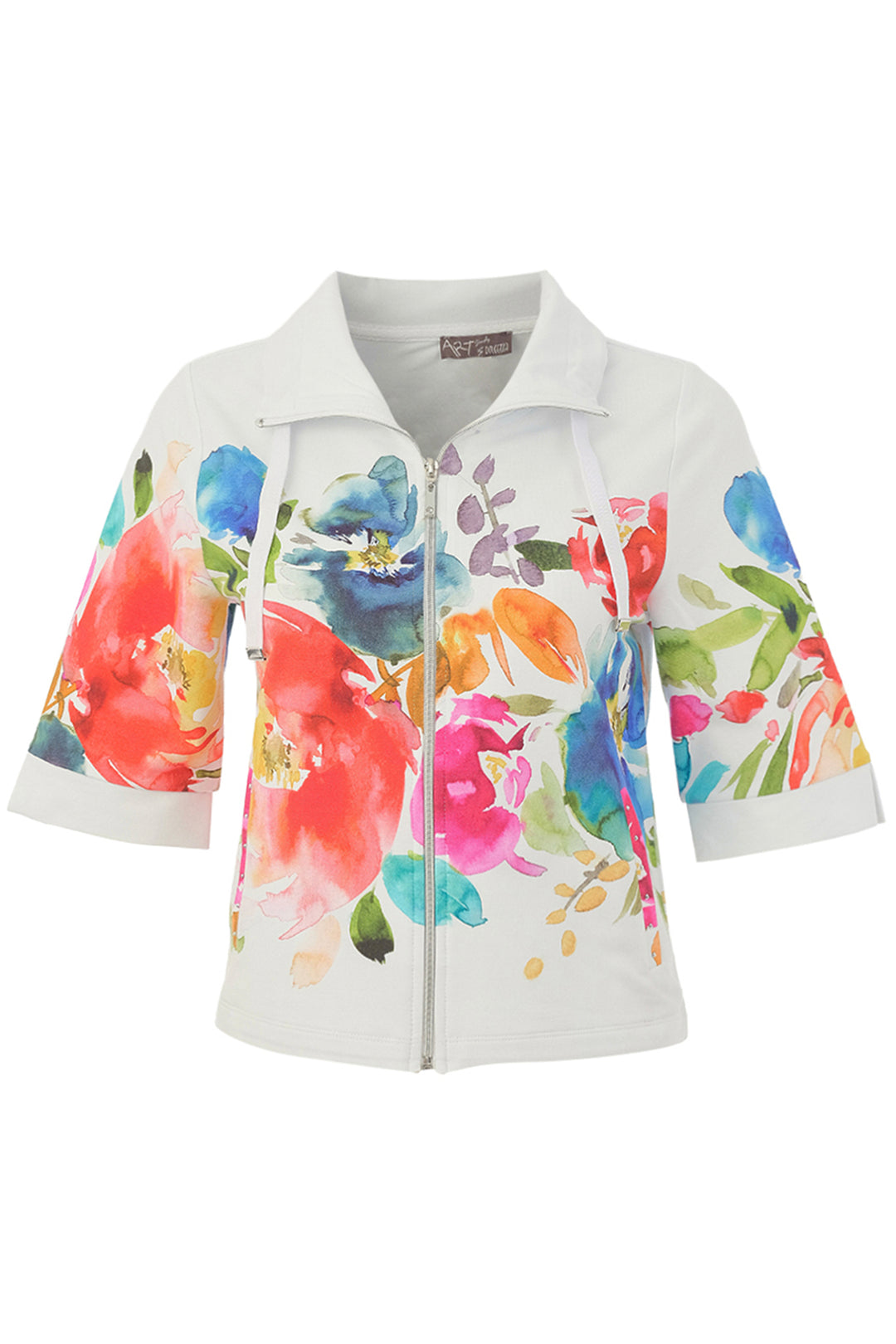 White jacket with colorful floral design on a white background