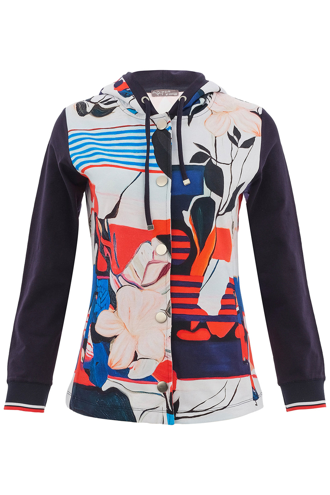 Colorful hoodie with abstract design on a white background