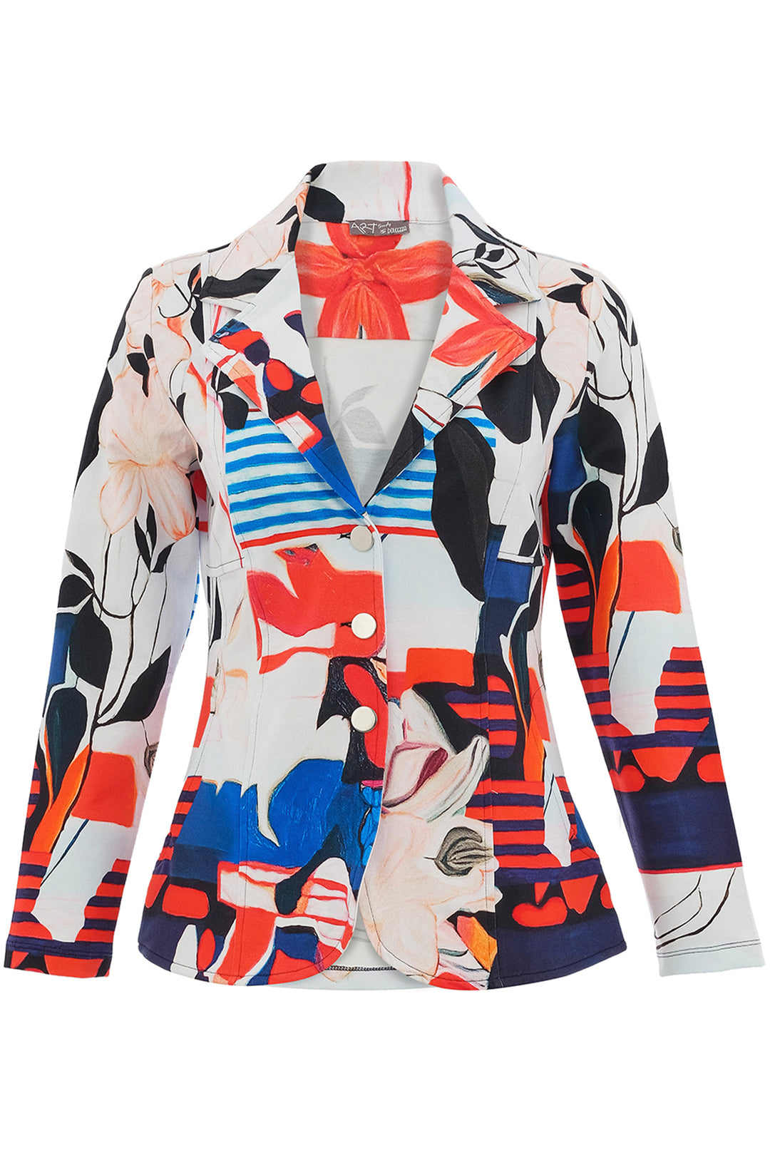 Colorful abstract patterned button blazer on a white background