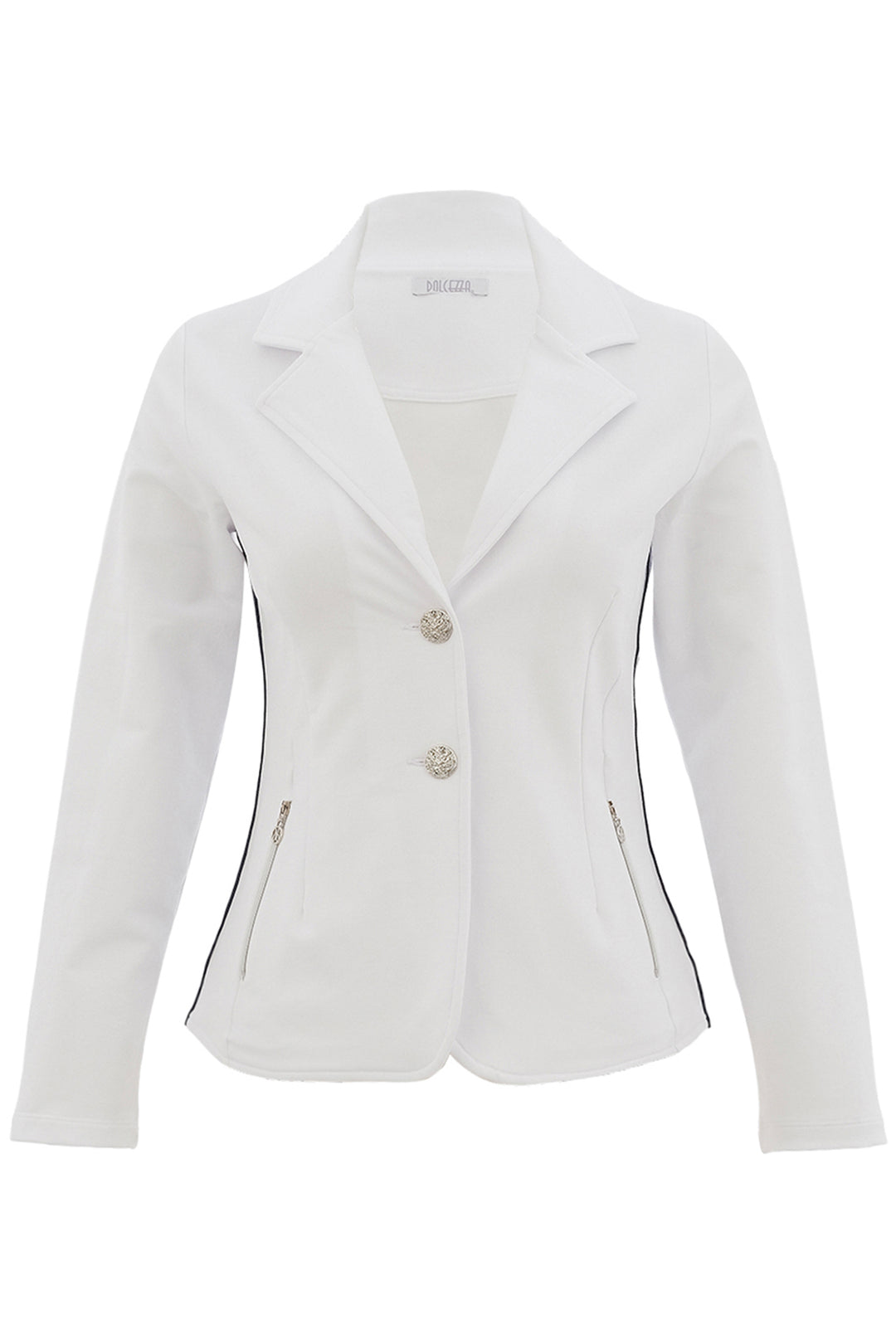 White blazer with buttons and zippers on a white background
