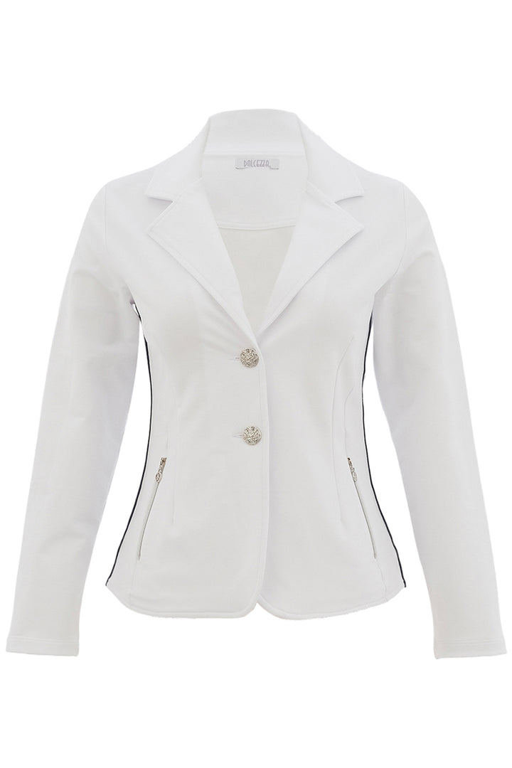 White blazer with buttons and zippers on a white background