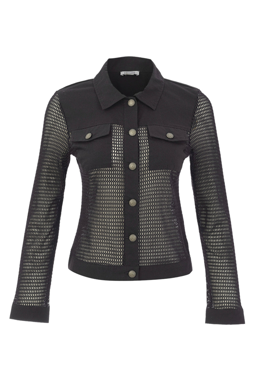 Black denim light cotton jacket with mesh sleeves on a white background