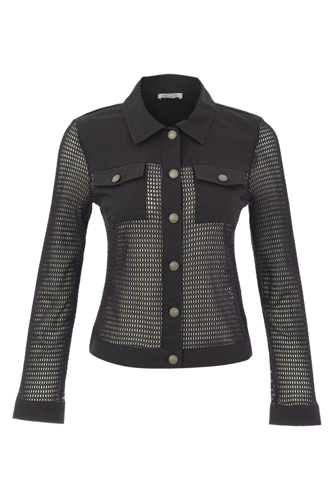 Black denim light cotton jacket with mesh sleeves on a white background