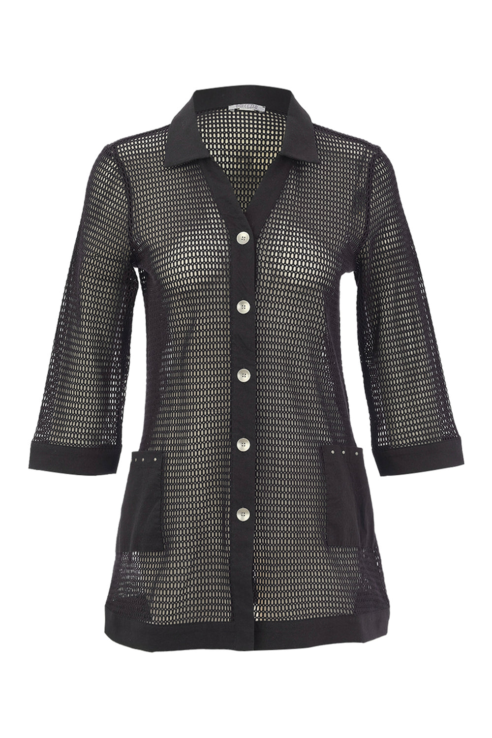 Black mesh jacket with button details on a white background