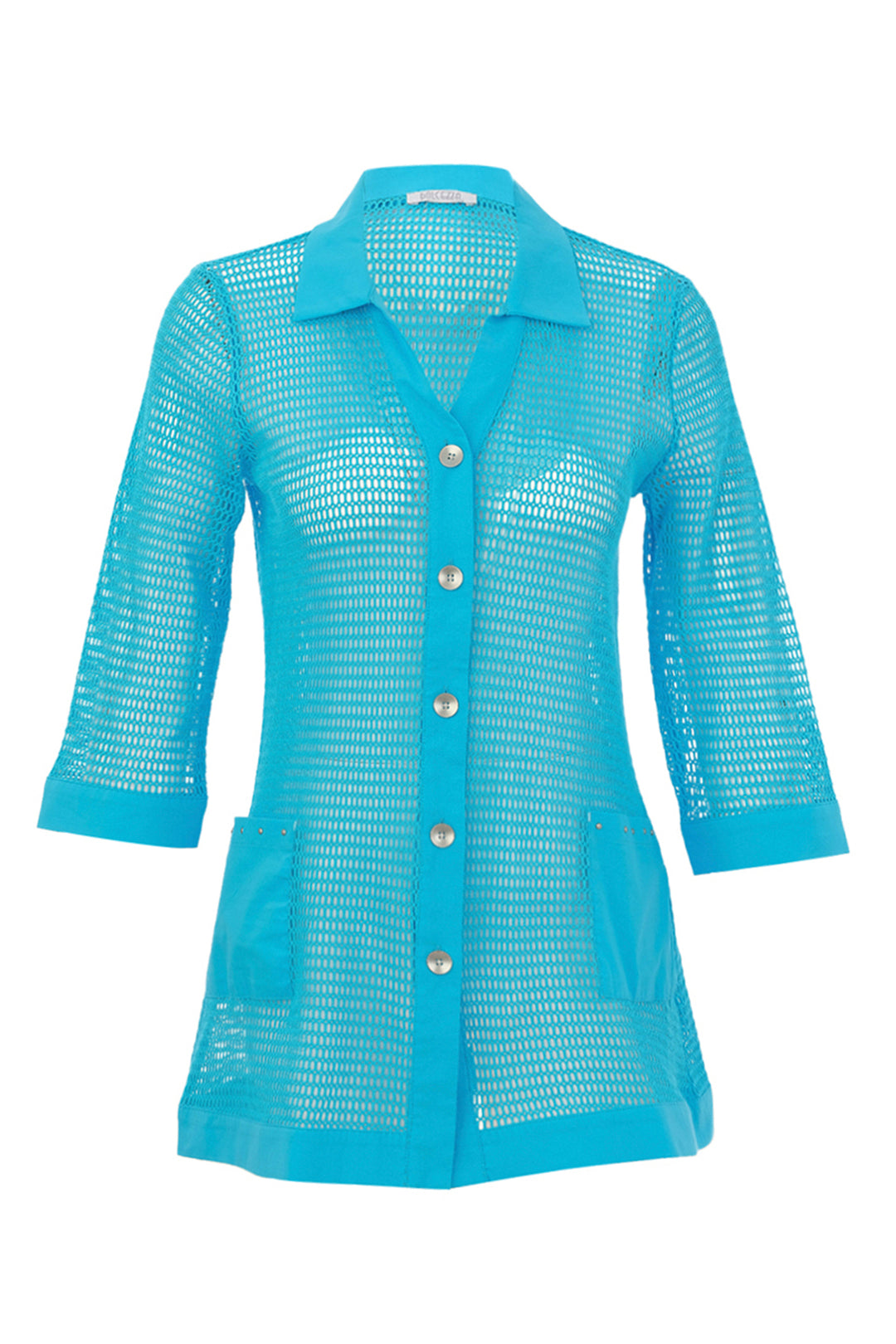 Blue mesh cardigan on a white background