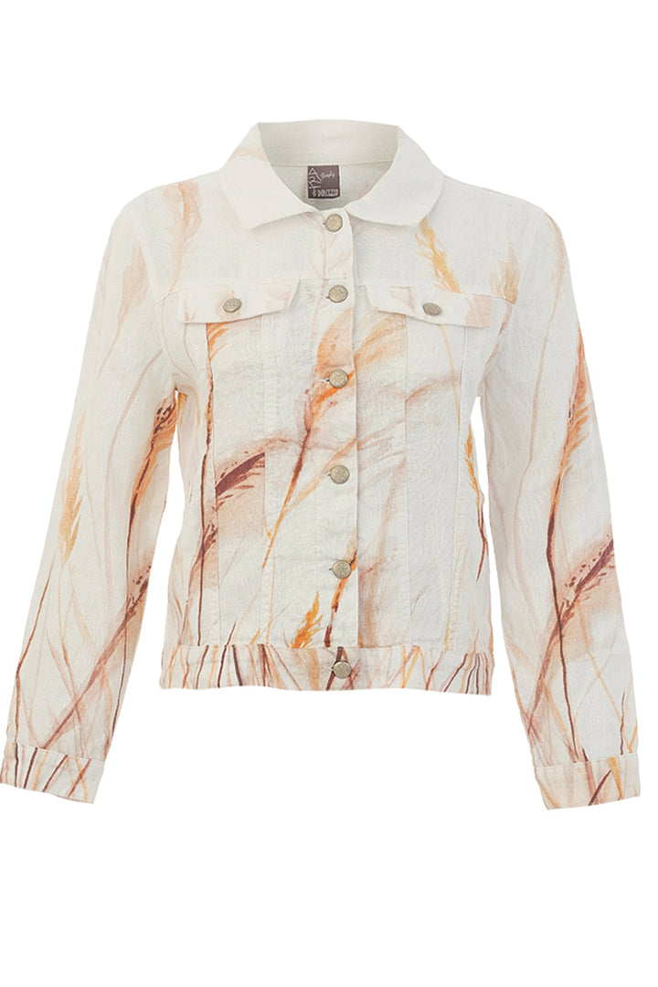 Beach shoreline patterned linen jean jacket on a white background