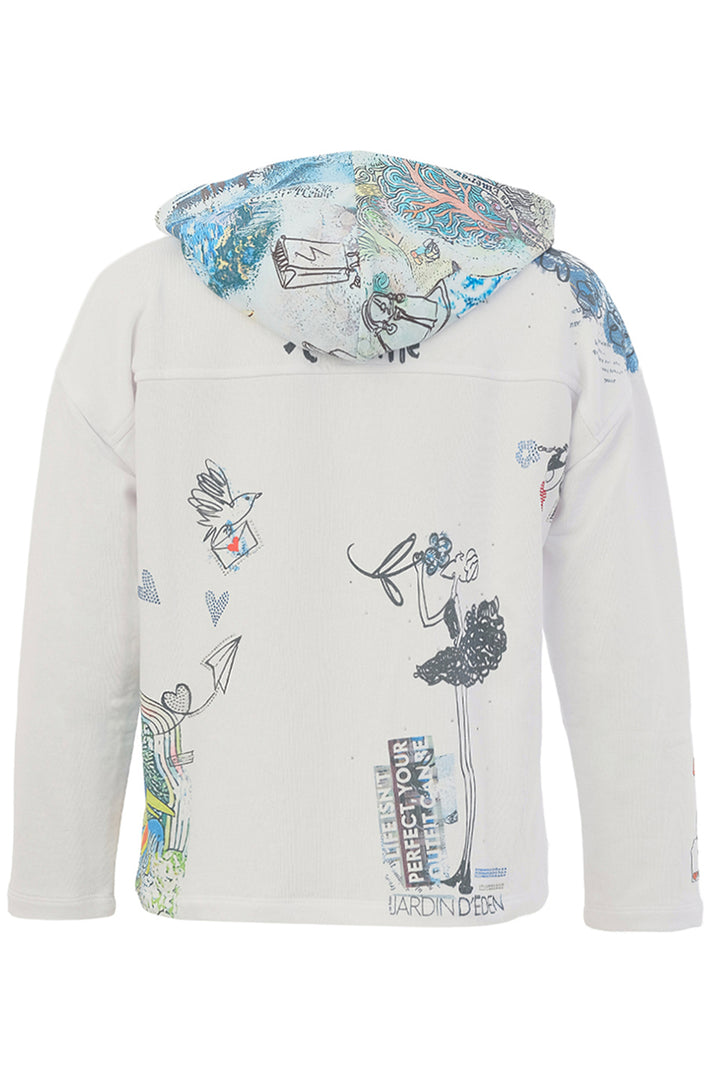 White jacket with colorful graphics and text on a white background