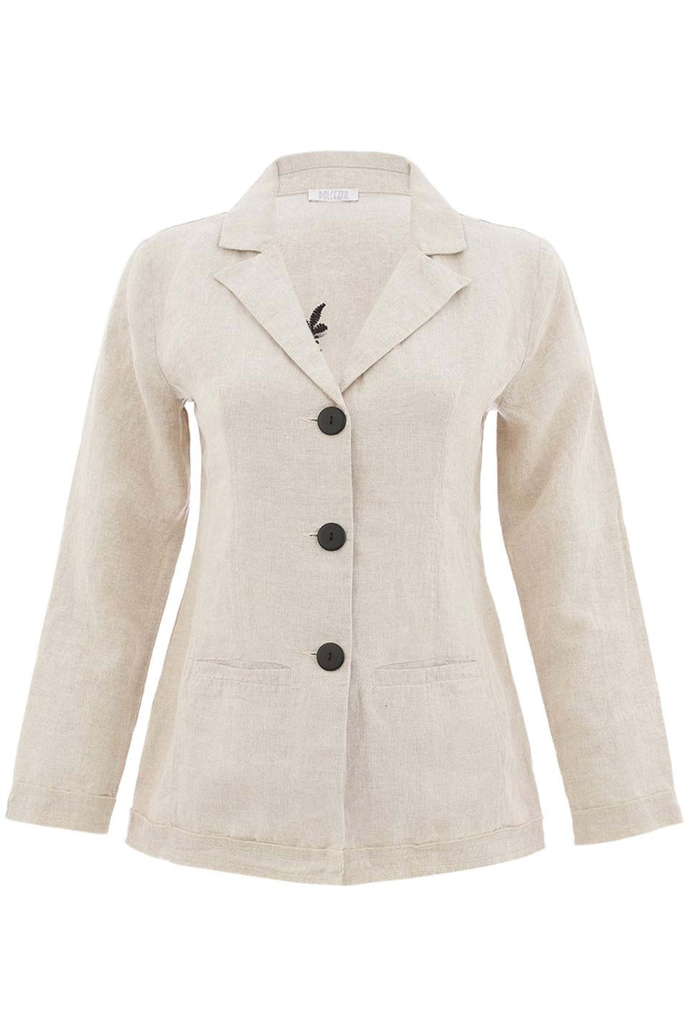 Beige blazer with black buttons on a white background