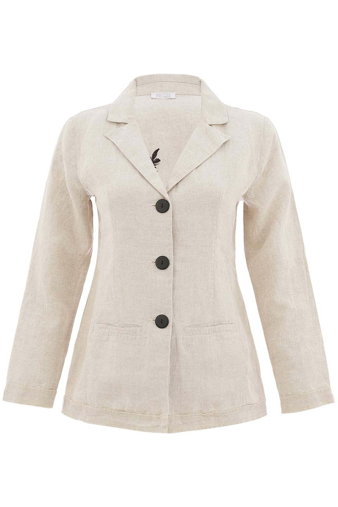 Beige blazer with black buttons on a white background