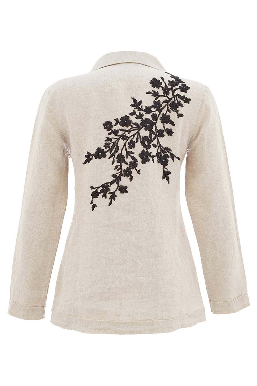 Beige jacket with black floral embroidery on the back against a white background