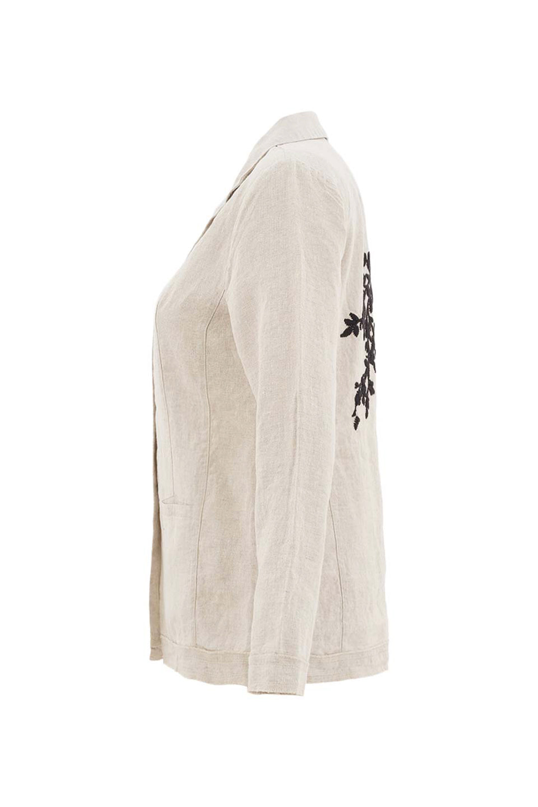 Beige jacket with black floral embroidery on a white background