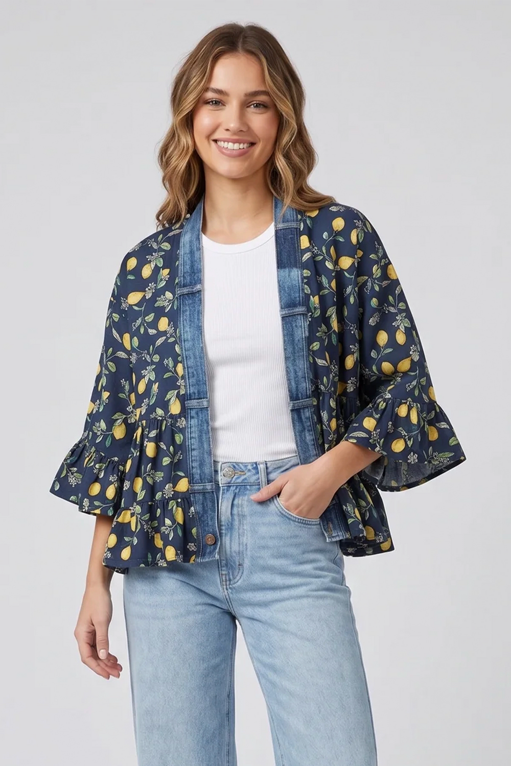 Woman wearing a lemon print kimono jacket and jeans on a white background