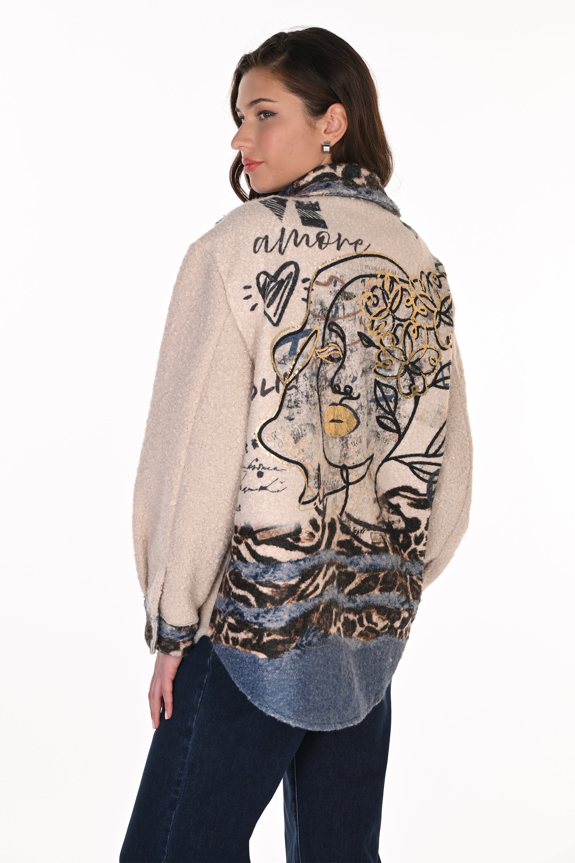 BOUCLE SHACKET WITH FACE PRINT BACK – Aldila Boutique