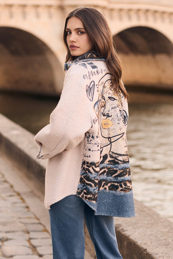 BOUCLE SHACKET WITH FACE PRINT BACK – Aldila Boutique