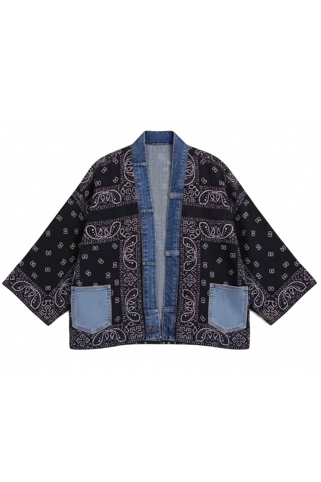 A black bandana-print kimono-style jacket with light blue denim trim, a blue denim front placket, and two light blue patch pockets, shown flat on a white background.
