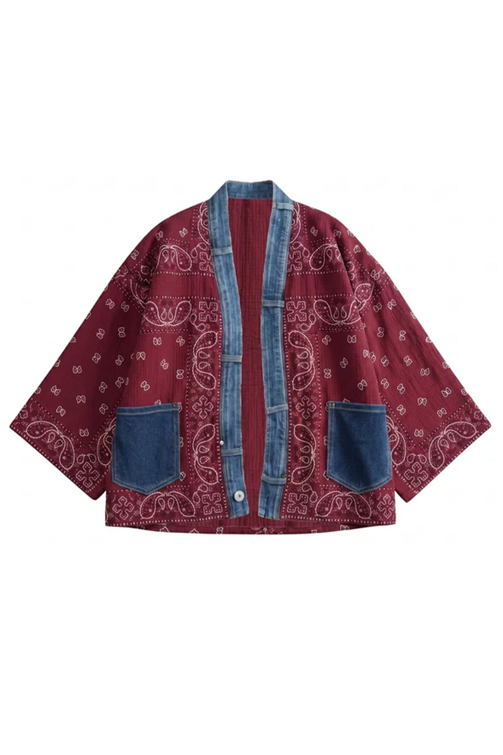 A bohemian-style open-front jacket featuring a maroon bandana paisley print, blue denim trim, and two large blue denim front pockets, shown flat on a white background.