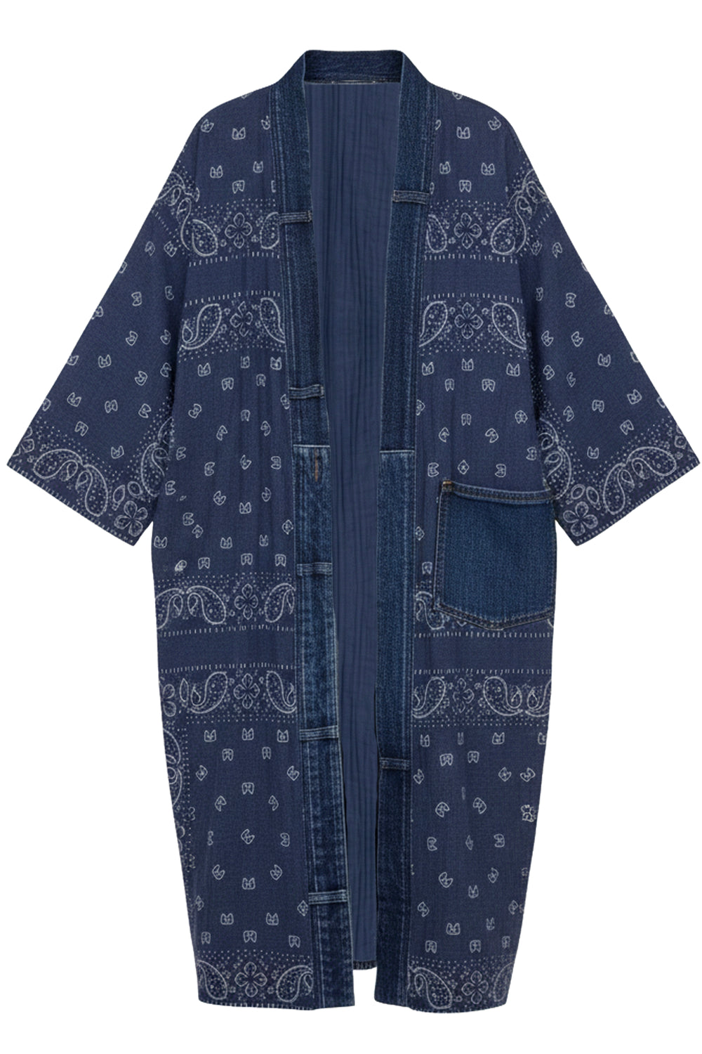 A dark blue indigo kimono-style robe with white paisley and floral bandana prints, featuring a front button closure and a side pocket, shown against a plain white background.