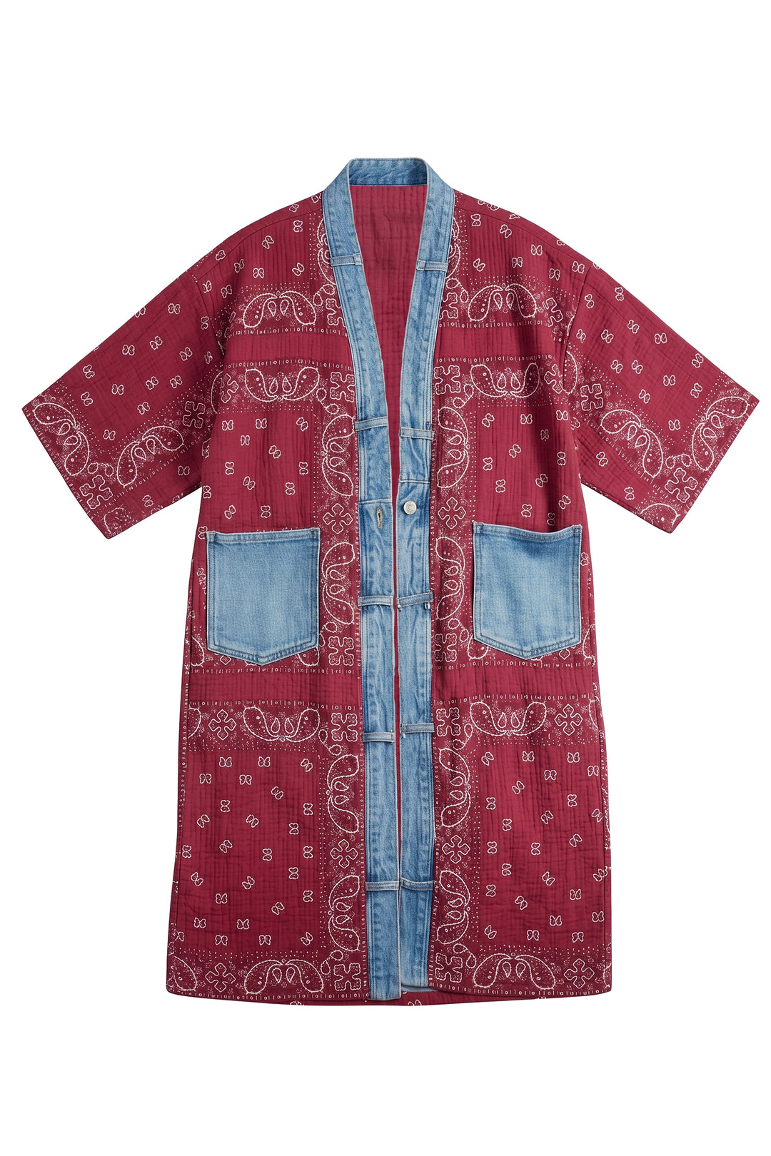 A short-sleeved button-front robe or kimono-style cover-up with a red bandana print and light blue denim-like trim, shown flat against a white background.