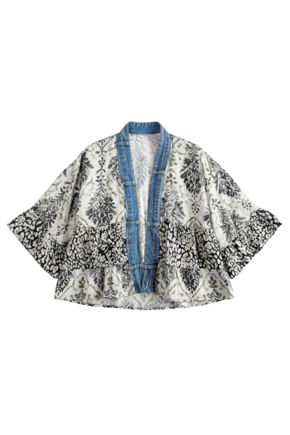 A short-sleeved open-front kimono-style cardigan featuring a black and white botanical damask pattern with a blue denim trim along the front opening and collar.