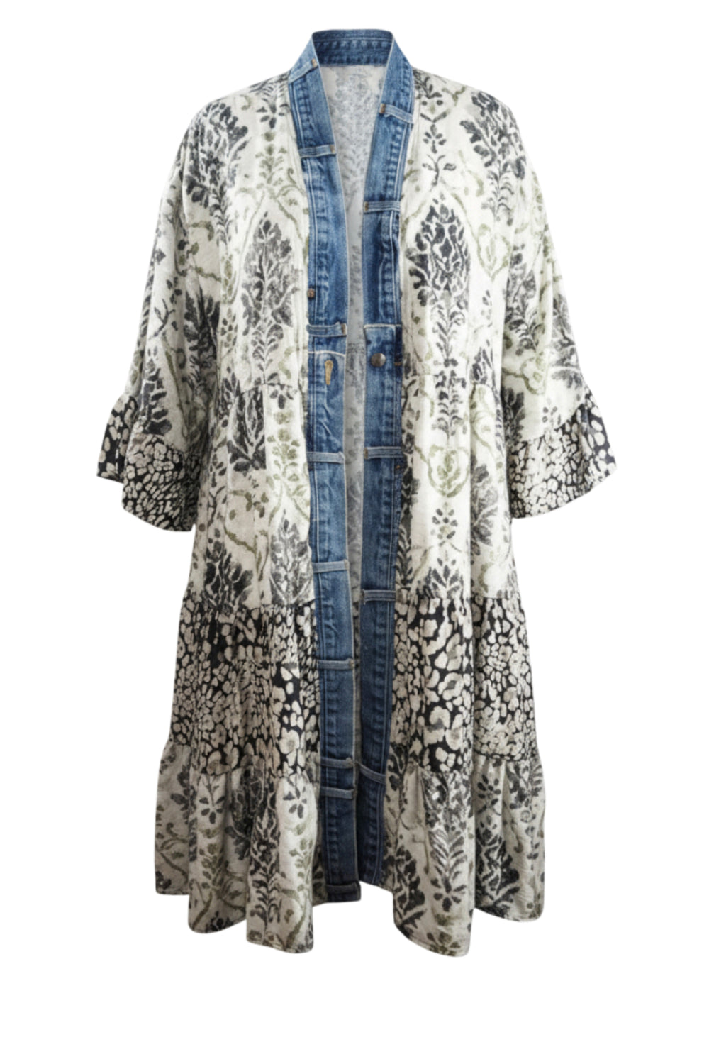 A women's open-front kimono-style cardigan featuring a black and white botanical damask pattern with a blue denim button-up front and collar, shown on a plain white background.