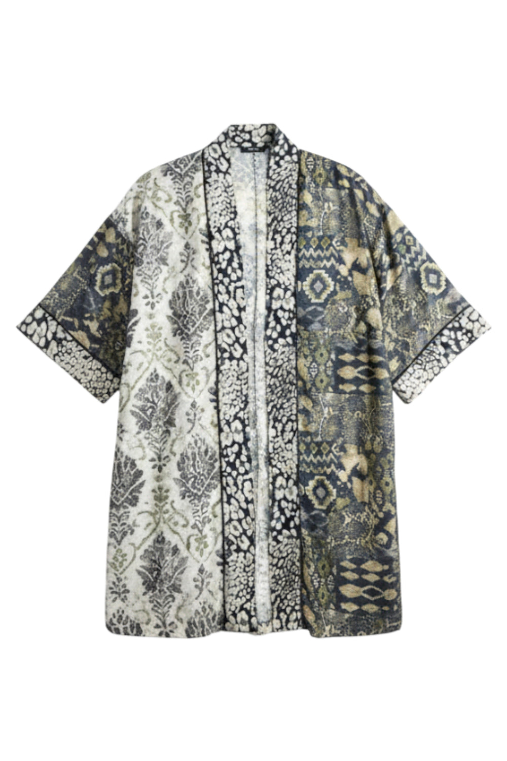 A short-sleeve open-front kimono cardigan featuring a vertical multicolor patterned design with black, gray, beige, and white motifs, shown against a plain white background.