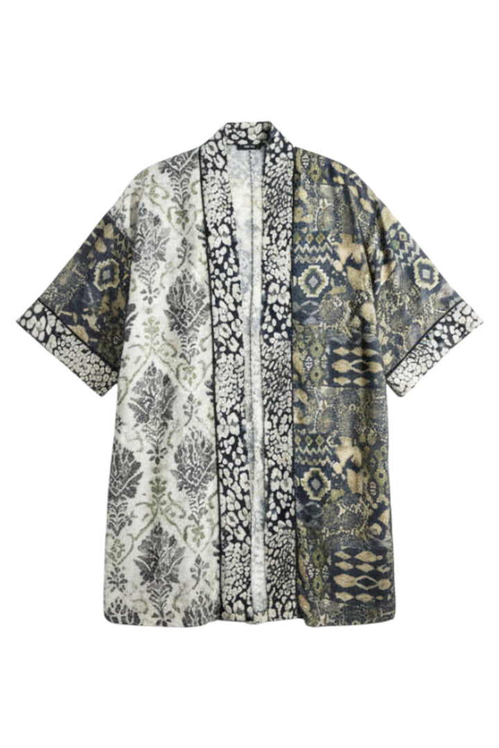 A short-sleeve open-front kimono cardigan featuring a vertical multicolor patterned design with black, gray, beige, and white motifs, shown against a plain white background.
