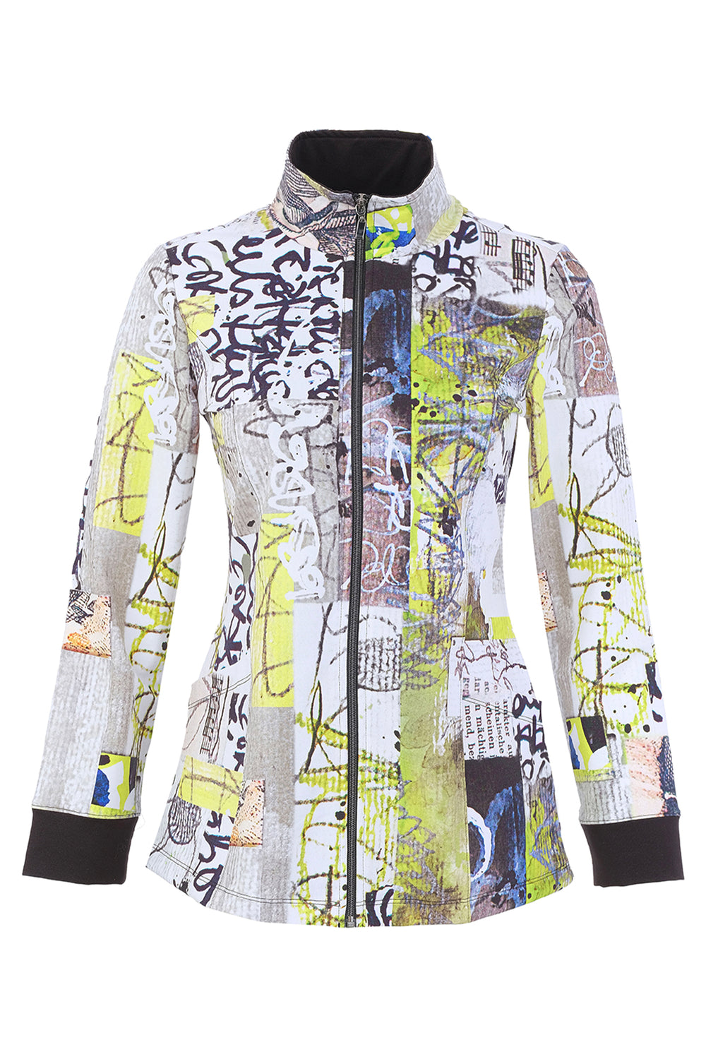 A women's jacket with graffiti print on a white background. 