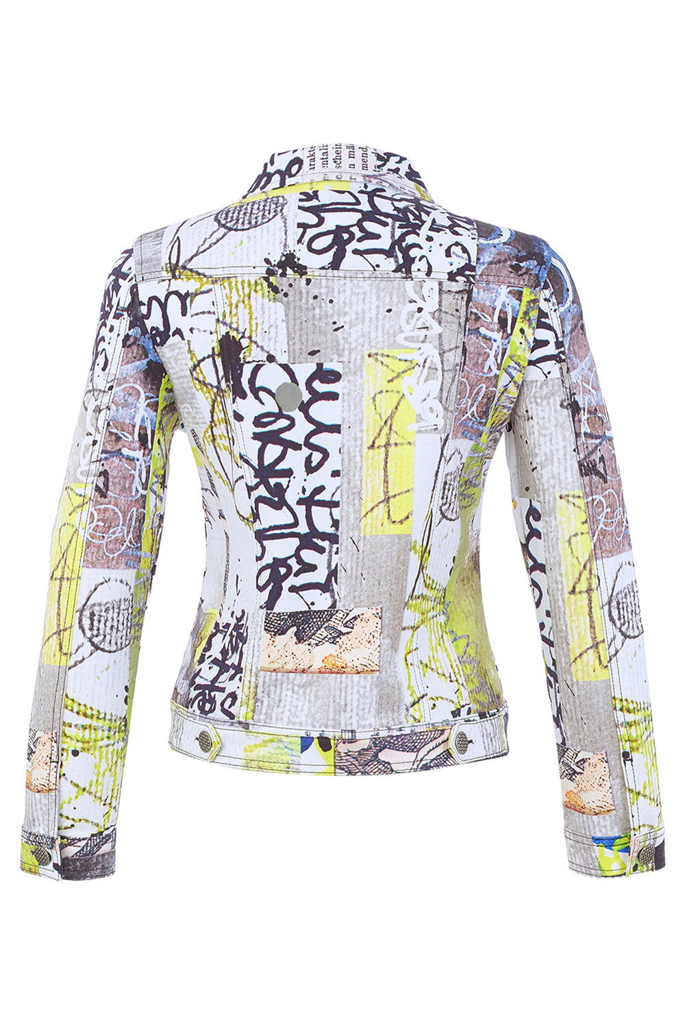 A women's jacket with graffiti print shown from the back on a white background. 