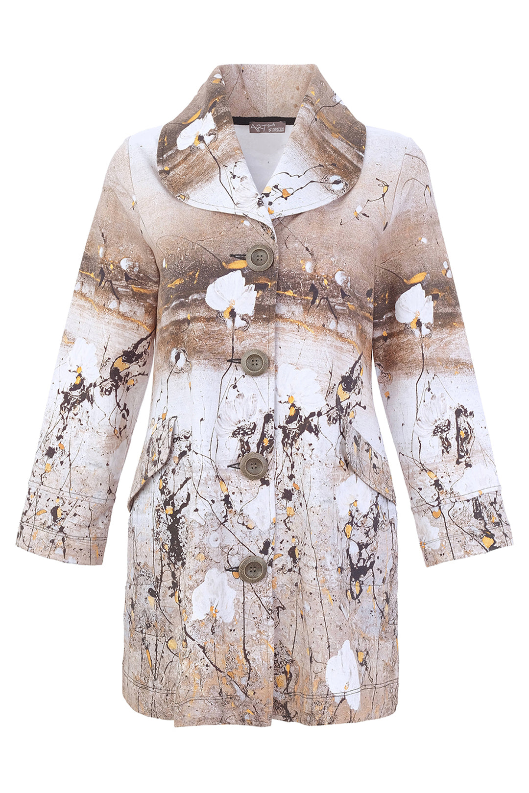 A women's long-sleeve long blazer  featuring an abstract art print with beige, brown, white, and black paint splatters and strokes.