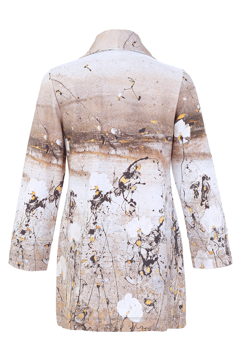 A women's long-sleeve long blazer shown from the back, featuring an abstract art print with beige, brown, white, and black paint splatters and strokes.