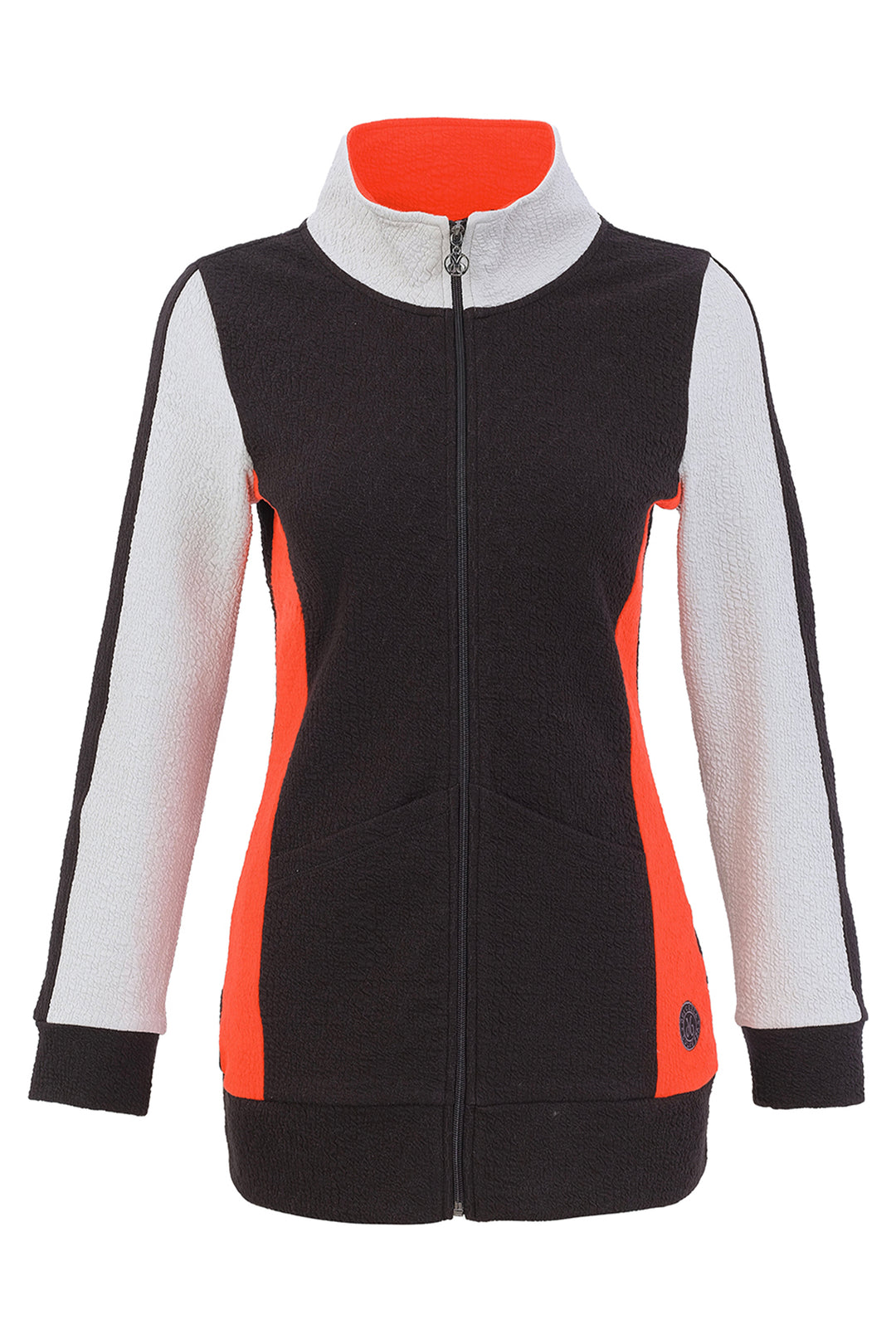 A women's colourblock zip jacket shown in front of a white background. 