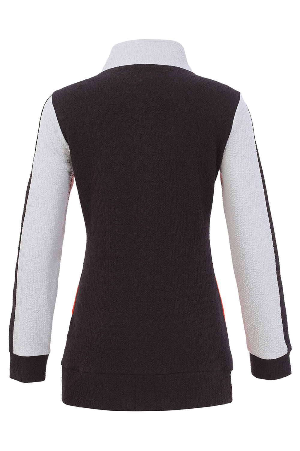 A women's colourblock zip jacket shown in front of a white background. 