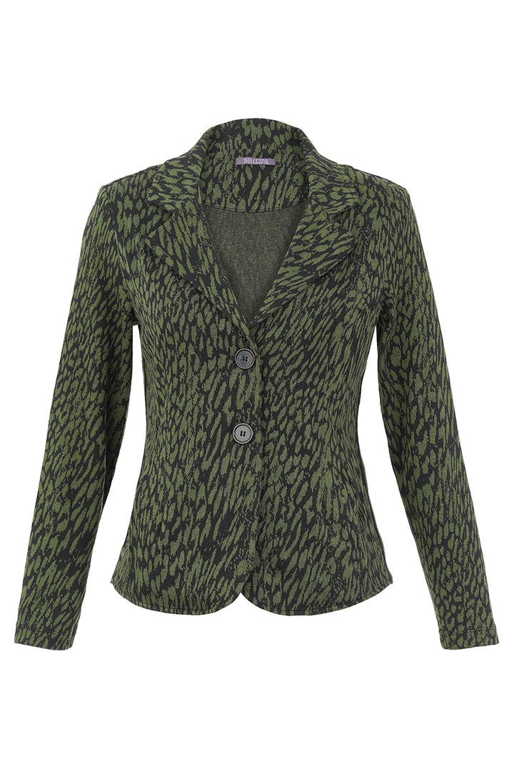 A long-sleeve blazer with a textured green and black abstract animal-print pattern against a plain white background.