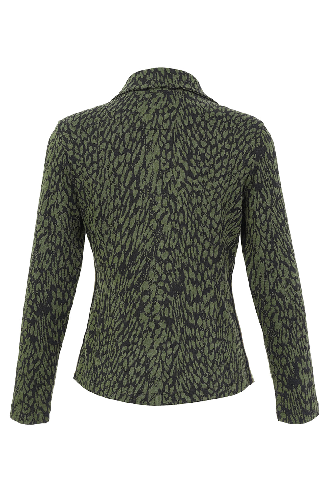 A long-sleeve blazer with a textured green and black abstract animal-print pattern, shown from the back against a plain white background.