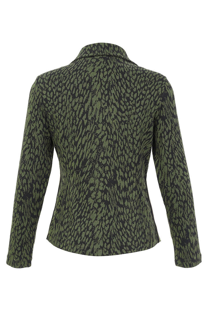 A long-sleeve blazer with a textured green and black abstract animal-print pattern, shown from the back against a plain white background.