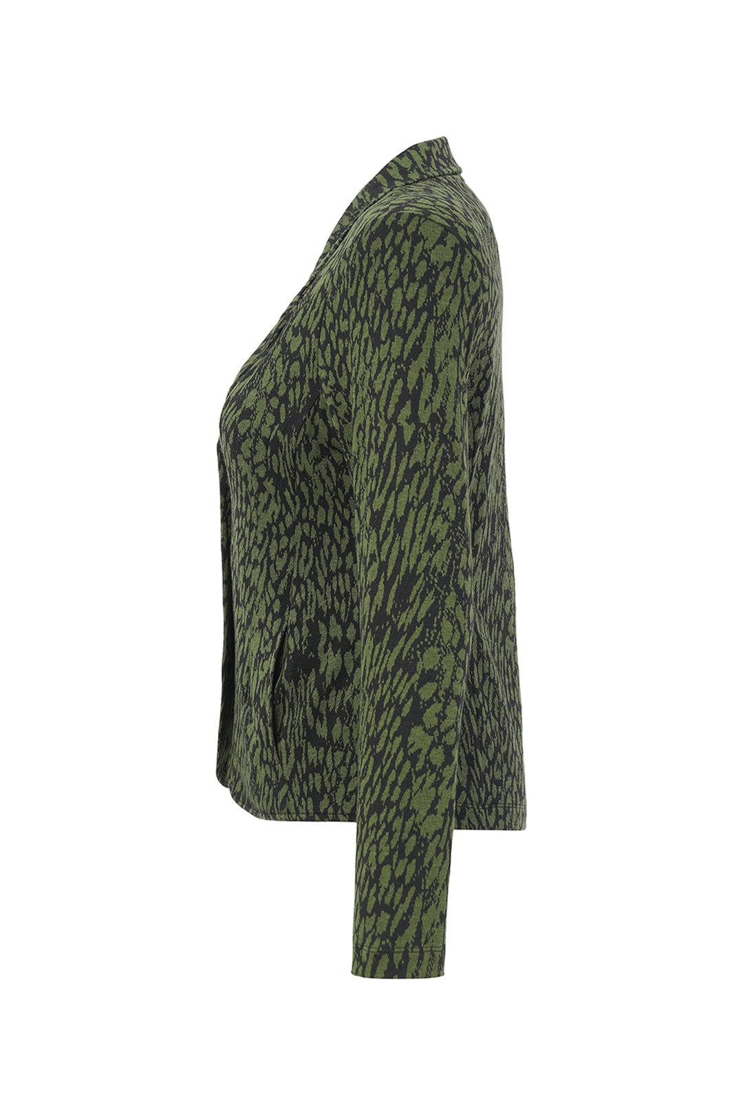 A long-sleeve blazer with a textured green and black abstract animal-print pattern, shown in a side profile view against a plain white background.