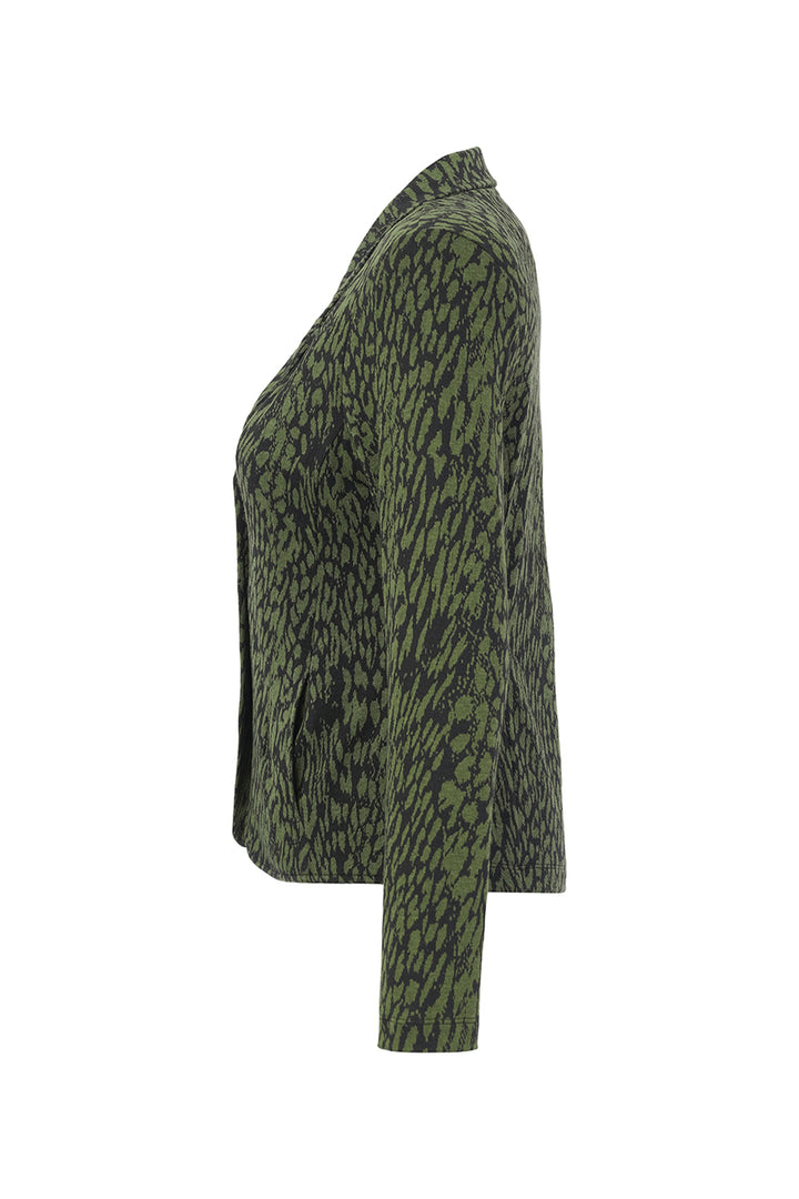 A long-sleeve blazer with a textured green and black abstract animal-print pattern, shown in a side profile view against a plain white background.
