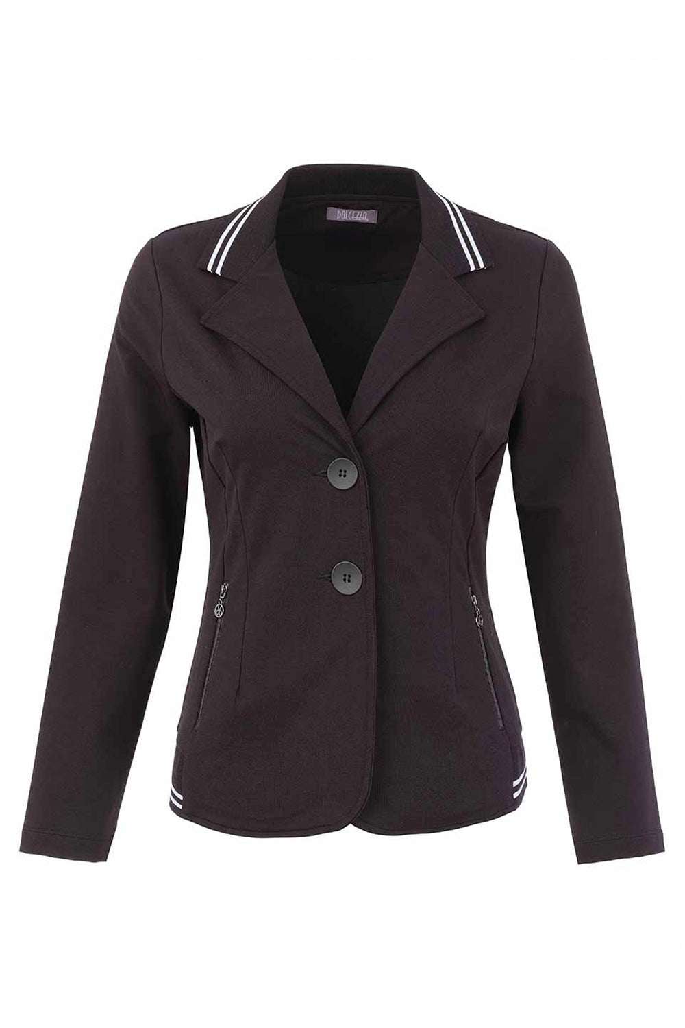 A black blazer jacket with white stripe detailing on the collar and hem, featuring two front buttons and zippered side pockets, shown against a plain white background.